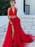 Red Two Piece Prom Dress,Tulle Prom Dress with Train,High Neck Evening Dress PD00182