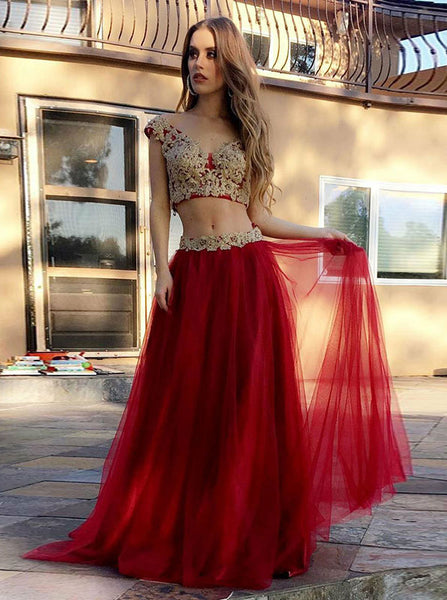 Red Two Piece Sexy Prom Dress,Tulle Long Prom Dress with Appliques,Trendy Evening Dress PD00149