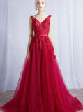 Red V neck Bridesmaid Dress,Prom Dress Tulle,Long Bridesmaid Dress,BD00194