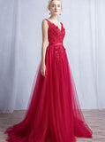 Red V neck Bridesmaid Dress,Prom Dress Tulle,Long Bridesmaid Dress,BD00194