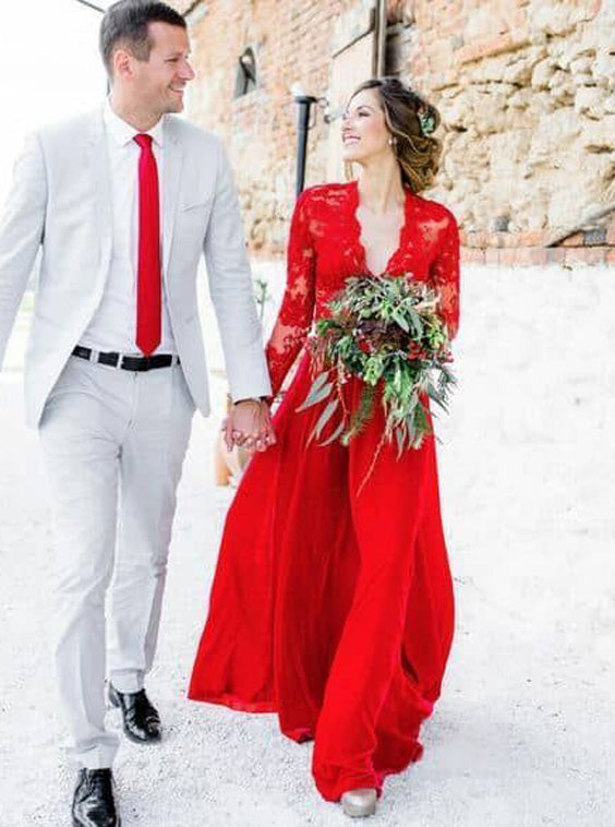 Red Wedding Dresses,Wedding Dress with Long Sleeves,Destination Weddin