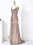 Rose Gold Sequined Bridesmaid Dresses with Train,Long Bridesmaid Dess,BD00274