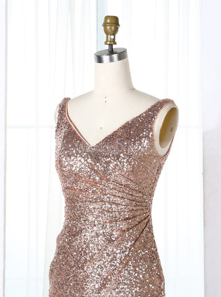 Rose Gold Sequined Bridesmaid Dresses with Train,Long Bridesmaid Dess,BD00274