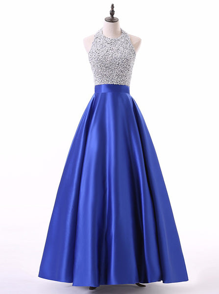 Royal Blue A-line Prom Dress,Satin Prom Dress with Pockets,Long Beaded Prom Dress PD00006