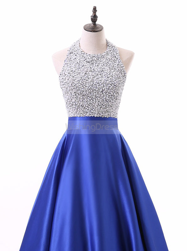 Royal Blue A-line Prom Dress,Satin Prom Dress with Pockets,Long Beaded - Wishingdress Royal Blue A-line Prom Dress,Satin Prom Dress with Pockets,Long Beaded - Wishingdress