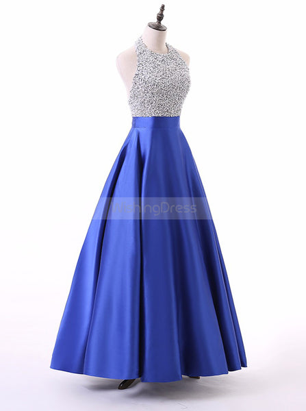 Royal Blue A-line Prom Dress,Satin Prom Dress with Pockets,Long Beaded Prom Dress PD00006