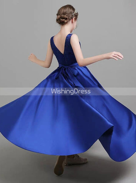 Royal Blue High Low Junior Bridesmaid Dress,Satin Girls Special Occasion Dress,JB00057