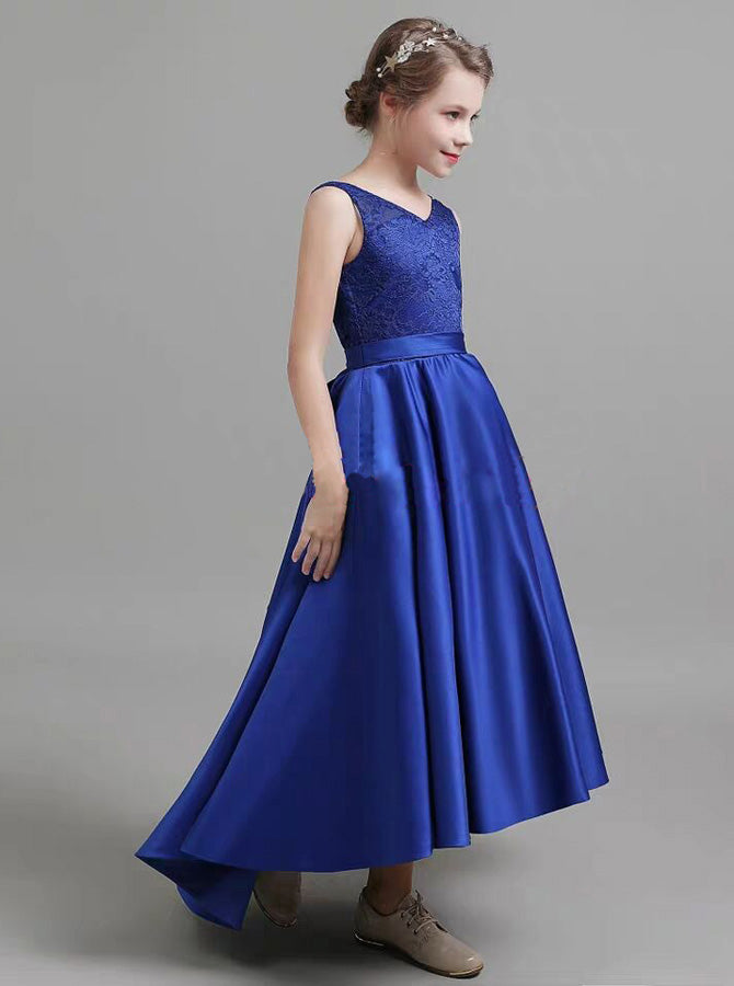 Royal Blue High Low Junior Bridesmaid Dress,Satin Girls Special Occasi