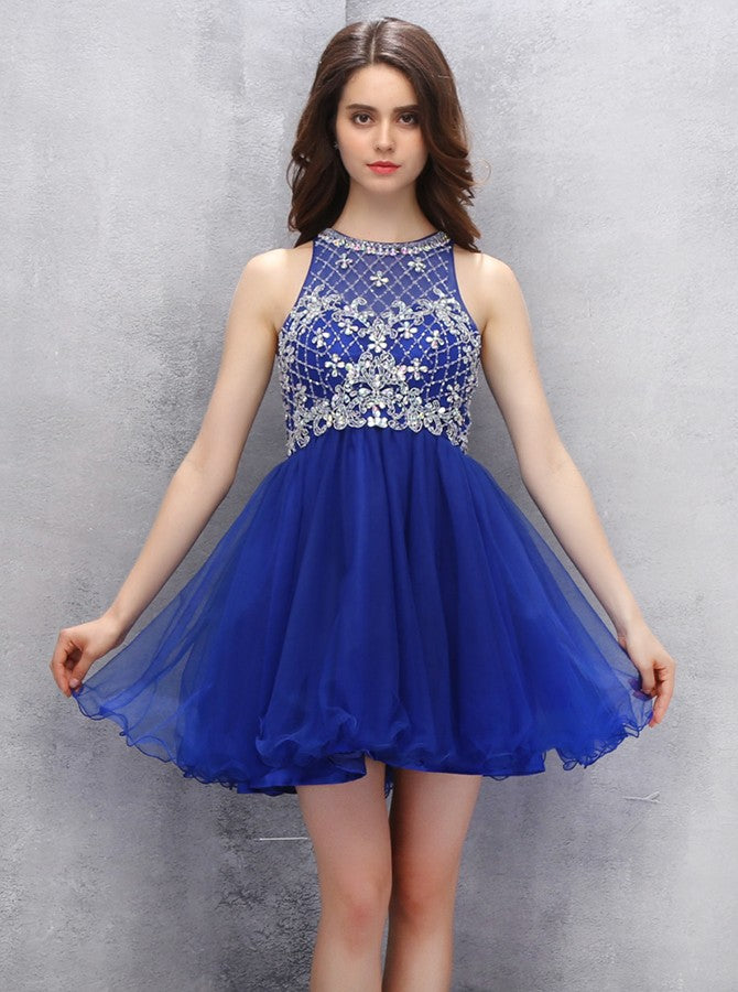 short royal blue sweet 16 dresses Royal Blue Ball Gown Tulle with Lace Round Cap Sleeves Prom Dress, Blue Sweet 16 Dress