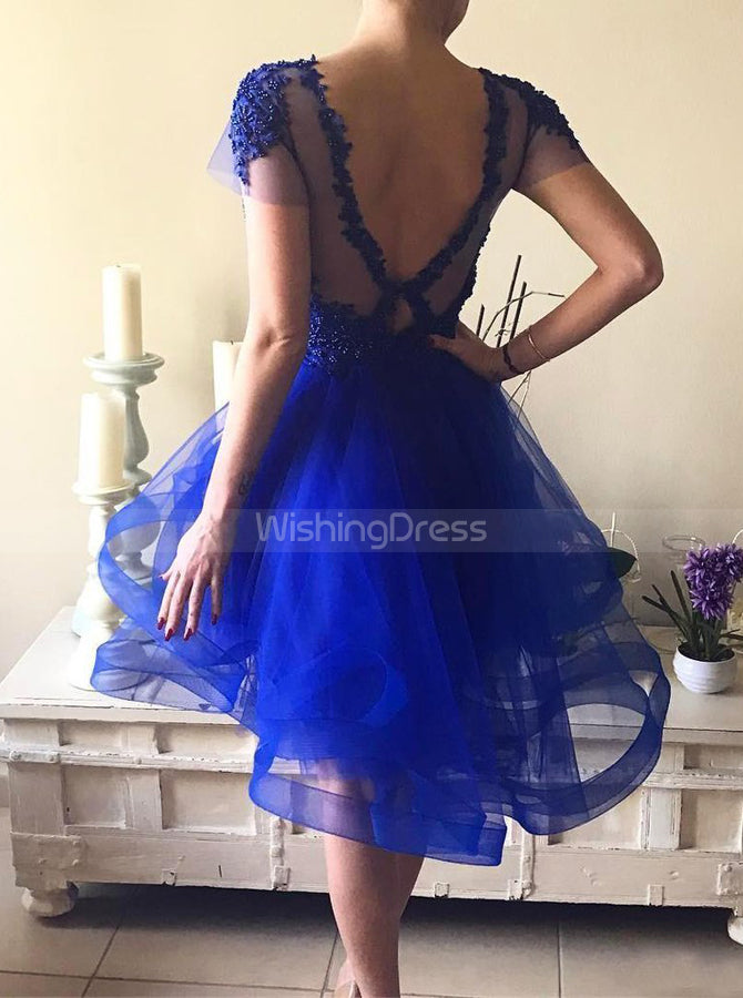 Royal Blue Homecoming Dresses,Homecoming Dress with Sleeves,Layered Tu