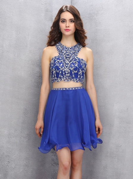 Royal Blue Homecoming Dresses,Two Piece Homecoming Dress,Chiffon Homec