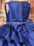 Royal Blue Knee Length Dress for Little Girls,Layered Satin Girl Pageant Dress,GPD0025