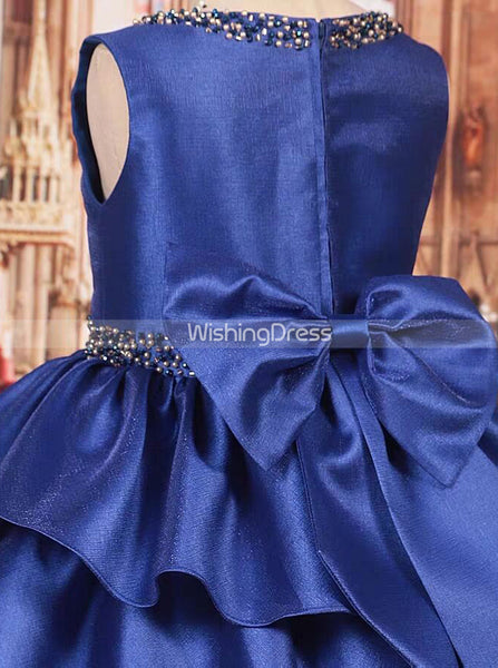 Royal Blue Knee Length Dress for Little Girls,Layered Satin Girl Pageant Dress,GPD0025
