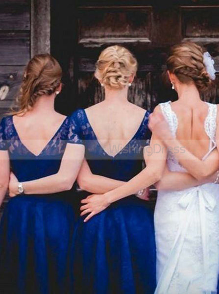 Royal Blue Lace Bridesmaid Dress,Bridesmaid Dress with Short Sleeves,Short Bridesmaid Dress,BD00124