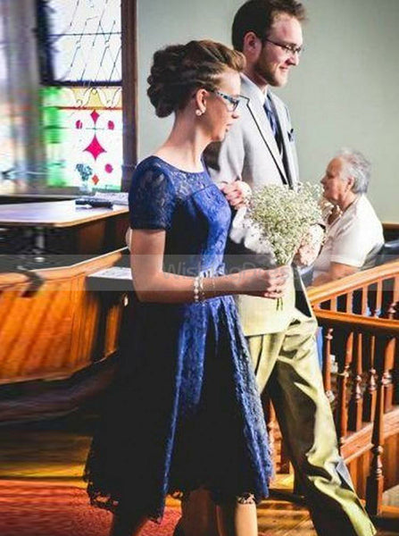 Royal Blue Lace Bridesmaid Dress,Bridesmaid Dress with Short Sleeves,Short Bridesmaid Dress,BD00124
