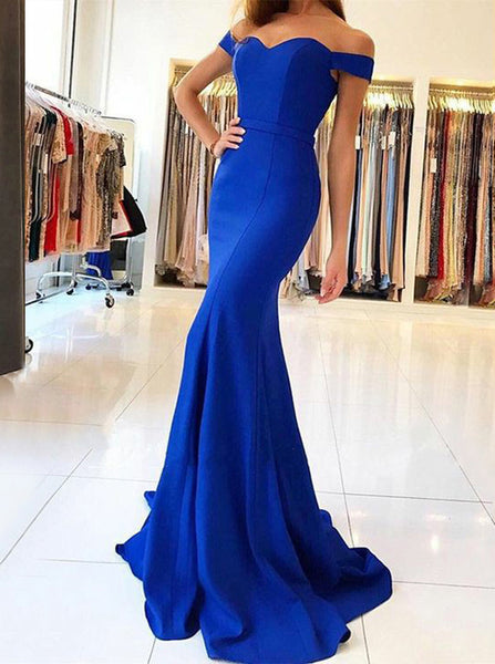 Royal Blue Mermaid Evening Dress,Off the Shoulder Simple Prom Dress,Prom Dress with Train PD00071