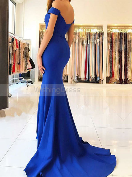 Royal Blue Mermaid Evening Dress,Off the Shoulder Simple Prom Dress,Prom Dress with Train PD00071