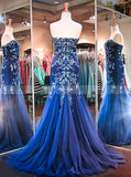 Royal Blue Mermaid Prom Dress,Sweetheart Tulle Prom Dress,Formal Evening Dress with Train PD00017