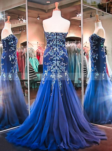 Royal Blue Mermaid Prom Dress,Sweetheart Tulle Prom Dress,Formal Evening Dress with Train PD00017