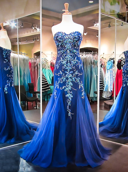 Royal Blue Mermaid Prom Dress,Sweetheart Tulle Prom Dress,Formal Evening Dress with Train PD00017