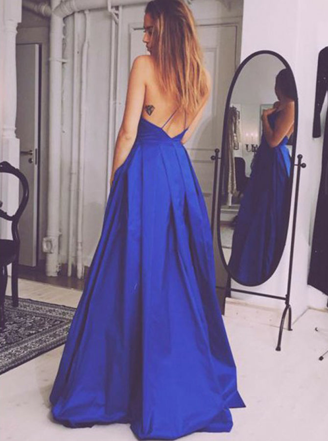 Royal Blue Modest Prom Dress,Spaghetti Straps A-line Prom Dress,Evenin