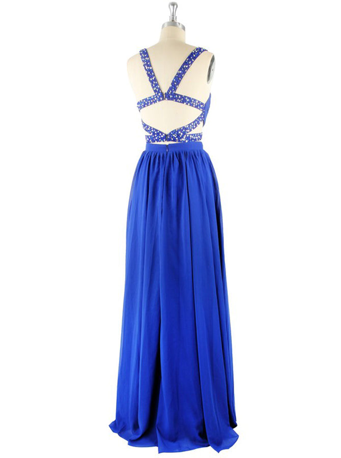 Royal Blue Prom Dress, Two Piece Prom Dress,Chiffon Long Prom Dress TP