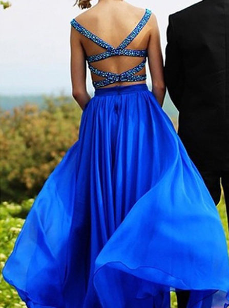 Royal Blue Prom Dress, Two Piece Prom Dress,Chiffon Long Prom Dress TP00001