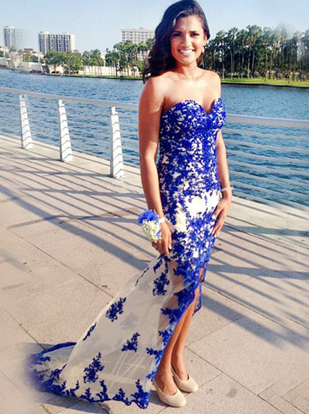 Royal Blue Prom Dresses,Fitted Prom Dress,Strapless Prom Dress,Lace Prom Dress,PD00216