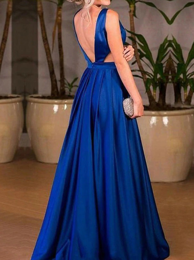 Royal Blue Prom Dresses,Satin Long Prom Dress,Backless Prom Dress,PD00