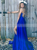 Royal Blue Prom Dress,Modest Evening Dress with Slit,Graduation Prom Dress PD00112