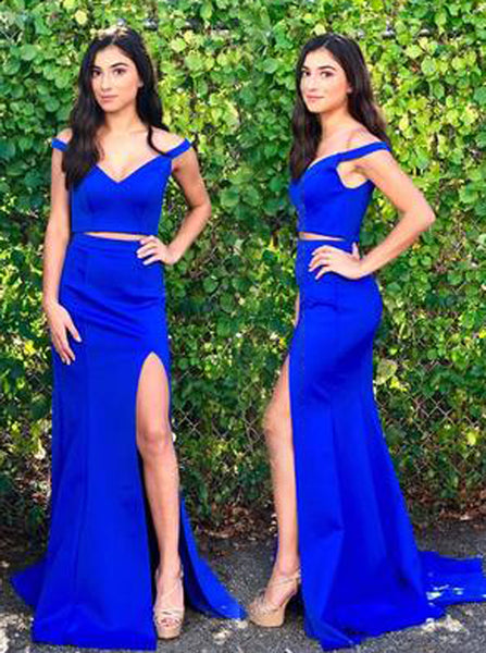 Royal Blue Two Piece Prom Dress,Off the Shoulder Prom Dress,Evening Dress with Slit PD00049