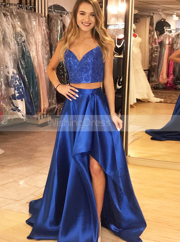 Royal Blue Two Piece Prom Dress,Satin Spaghetti Straps Prom Dress,Eleg