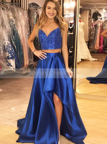 Royal Blue Two Piece Prom Dress,Satin Spaghetti Straps Prom Dress,Elegant Evening Dress PD00140
