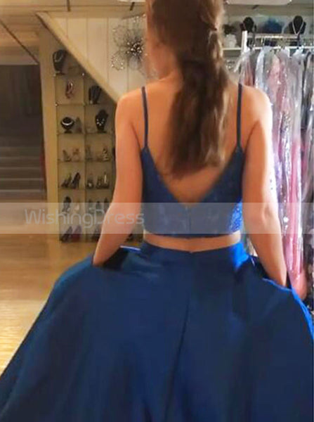 Royal Blue Two Piece Prom Dress,Satin Spaghetti Straps Prom Dress,Elegant Evening Dress PD00140