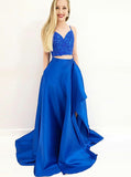 Royal Blue Two Piece Prom Dress,Satin Spaghetti Straps Prom Dress,Elegant Evening Dress PD00140