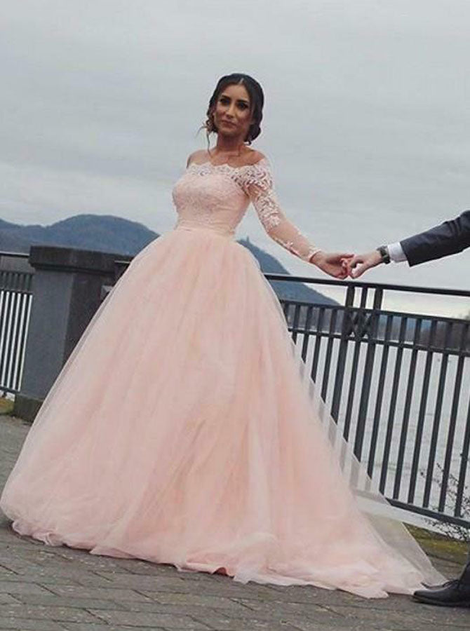 Blush Wedding Dresses,Off the Shoulder Wedding Dress,Wedding Dress with Sleeves,WD00133 US2 / Champagne