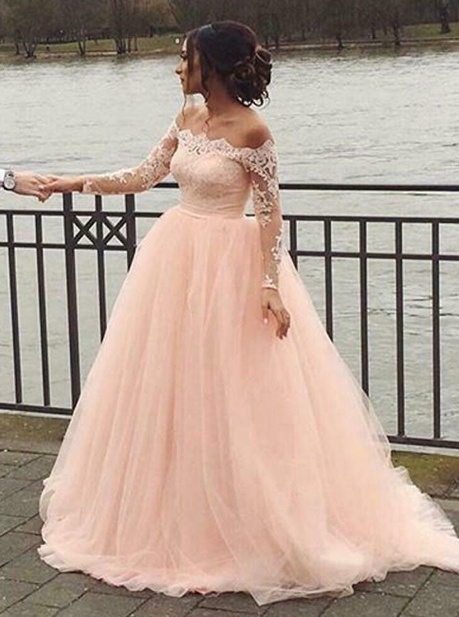Blush Wedding Dresses,Off the Shoulder Wedding Dress,Wedding Dress with Sleeves,WD00133 US12 / Champagne