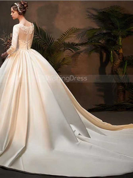 Satin Ball Gown Wedding Dress with Sleeves,Classic Bridal Gown,WD00371