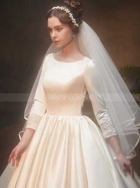 Satin Ball Gown Wedding Dress with Sleeves,Classic Bridal Gown,WD00371