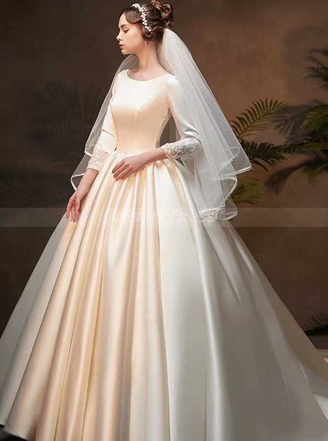 Illusion Neck Short Sleeve Satin Wedding Ball Gown - Xdressy