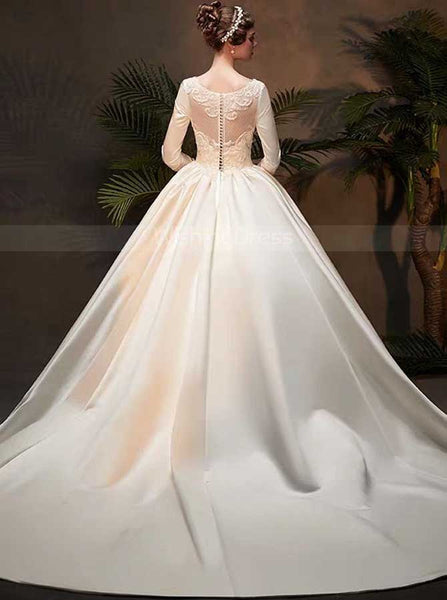 Satin Ball Gown Wedding Dress with Sleeves,Classic Bridal Gown,WD00371