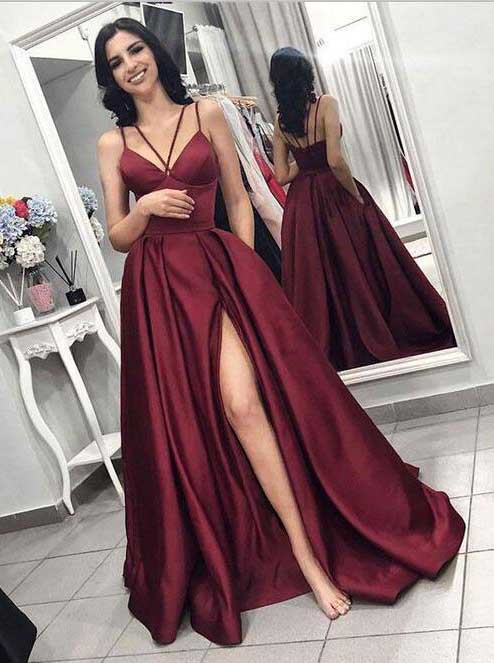 Satin Prom Dress with Spaghetti Straps,Prom Dress with Slit