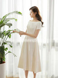 Satin Tea Length Wedding Dresses,Short Sleeves Wedding Reception Dress,WD00435