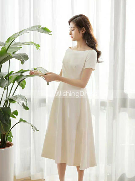Satin Tea Length Wedding Dresses,Short Sleeves Wedding Reception Dress,WD00435