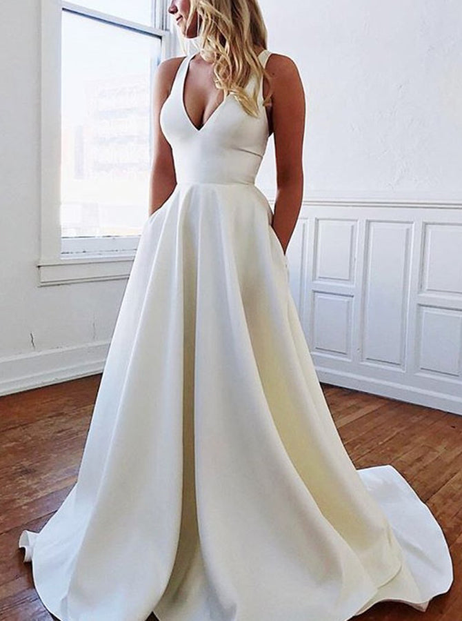Satin Wedding Dress with Pockets,A-line Simple Wedding Dress,WD00424