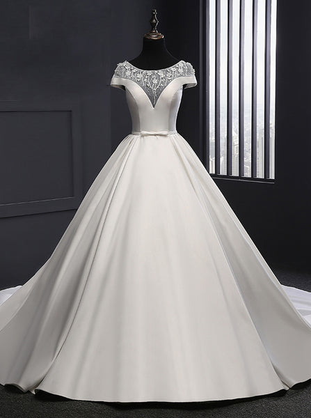 Satin Wedding Dresses,Bridal Gown with Sleeves,Aline Wedding Dress,Vintage Bridal Dress,WD00077