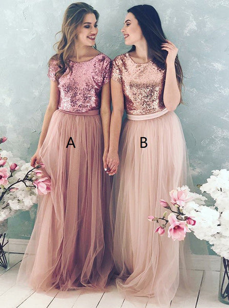 Sequined Tulle Bridesmaid Dress,Long Bridesmaid Dress,Bridesmaid Dress with Short Sleeves,BD00151