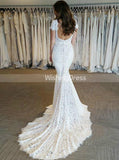 Sexy Mermaid Wedding Dress with Cap Sleeves,Boho V-neck Bridal Dress,WD00421