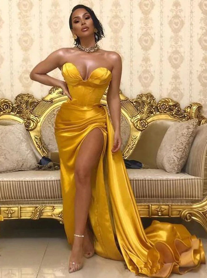 Sexy Gold Prom Dress with Corset Back,Long Evening Dresses with Slit,PD00478 Custom Size / Picture Color