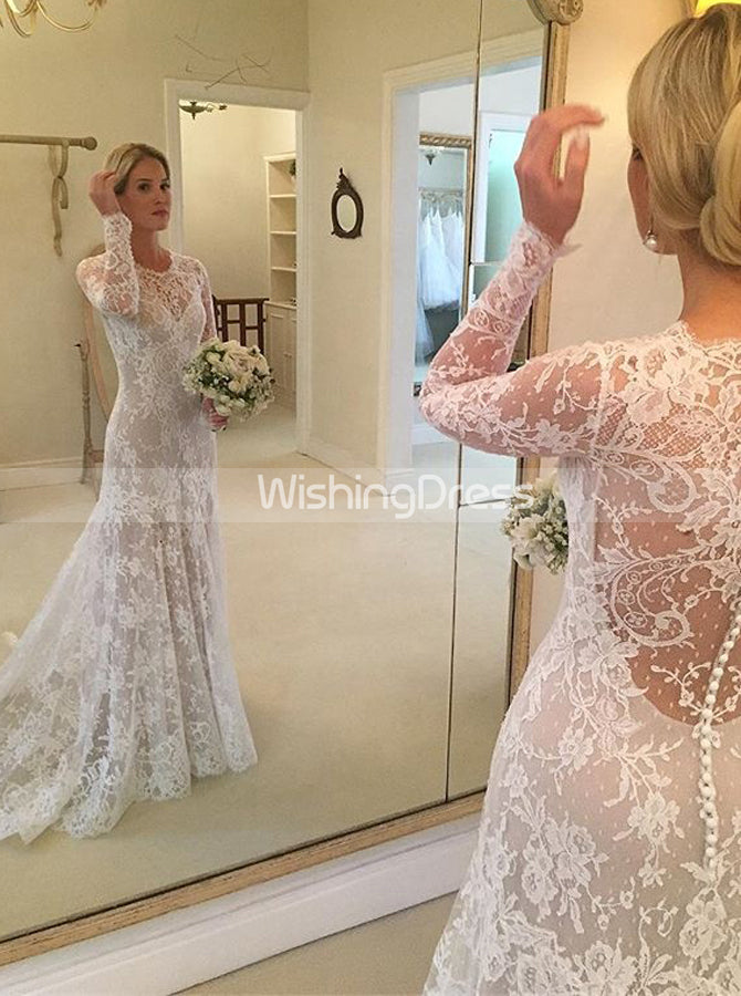 Sheath Lace Wedding Dress with Detachable Overskirt,Modest